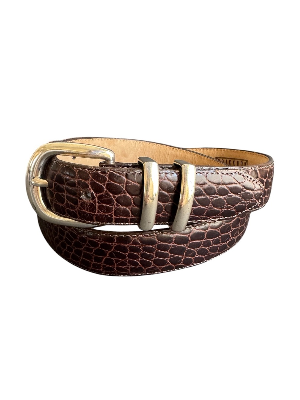 Vintage Brighton Brown Leather Belt Crocodile Embossed Silver Tone Buckle Large